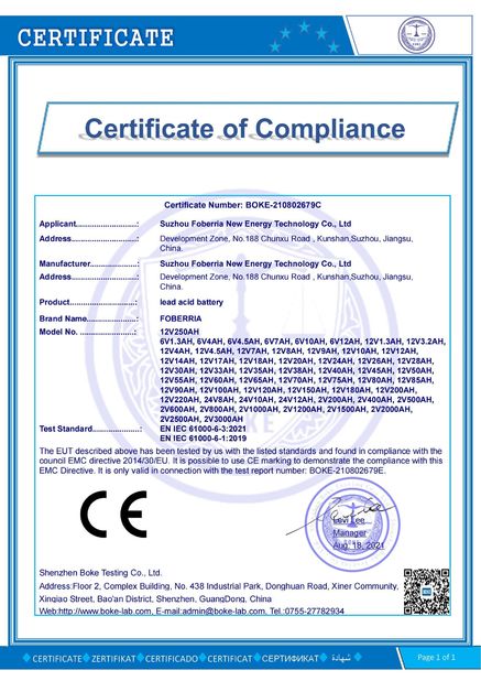 Chine SUZHOU FOBERRIA NEW ENERGY TECHNOLOGY CO.,LTD. Certifications